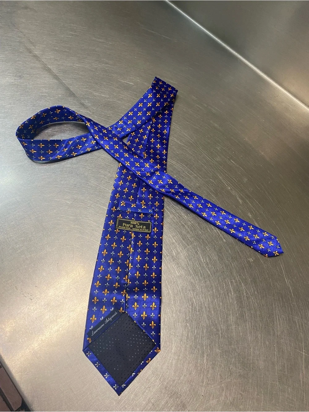 Men's Blue Tie with Gold Fleur-de-Lis Pattern